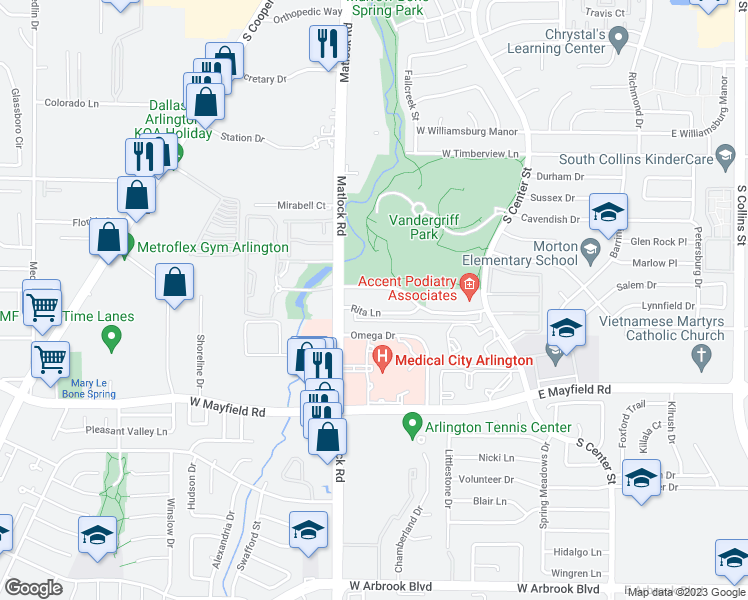 map of restaurants, bars, coffee shops, grocery stores, and more near 514 Central Park Drive in Arlington