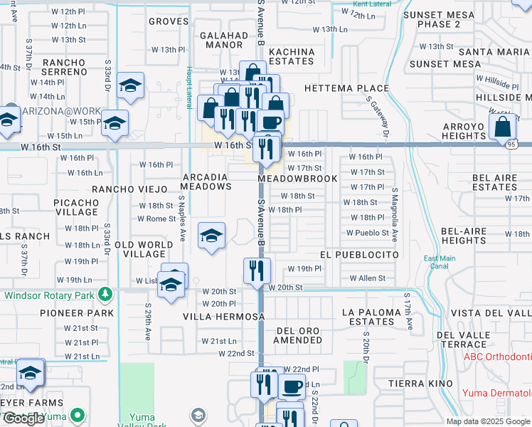 map of restaurants, bars, coffee shops, grocery stores, and more near 2262 W 18th Pl in Yuma