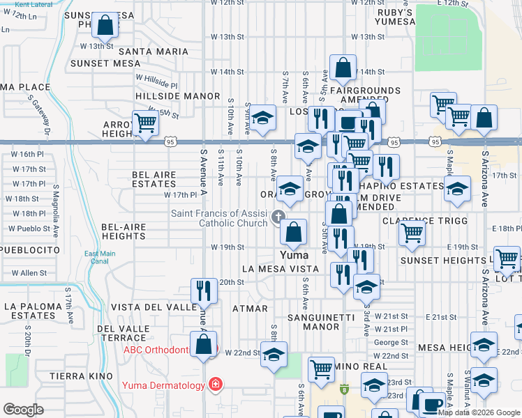 map of restaurants, bars, coffee shops, grocery stores, and more near 1701-1799 S 9th Ave in Yuma