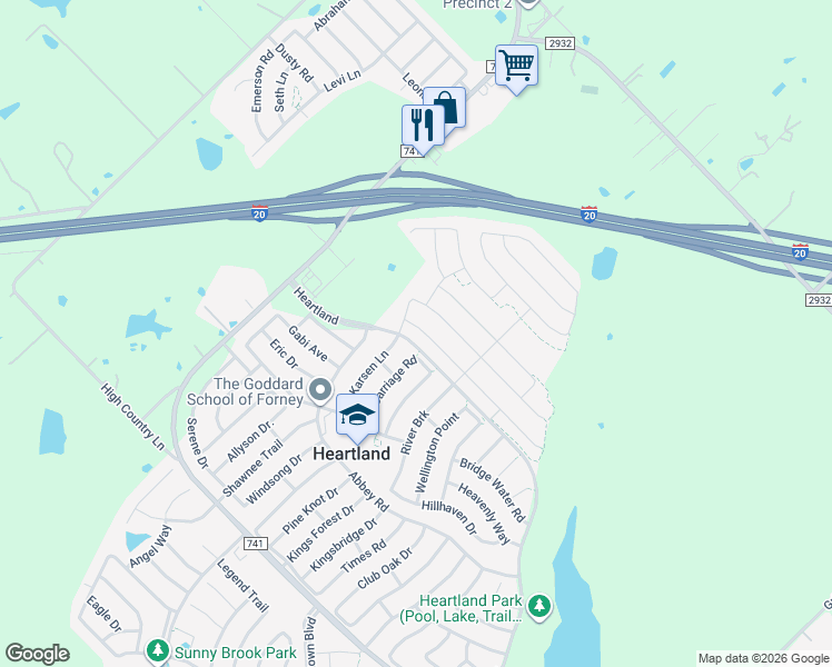 map of restaurants, bars, coffee shops, grocery stores, and more near 2036 Carriage Road in Forney