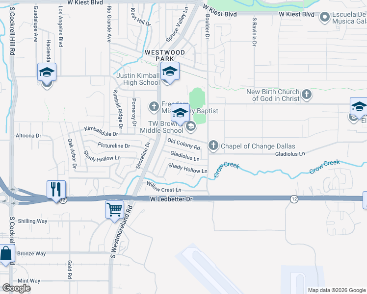 map of restaurants, bars, coffee shops, grocery stores, and more near 3407 Old Colony Road in Dallas