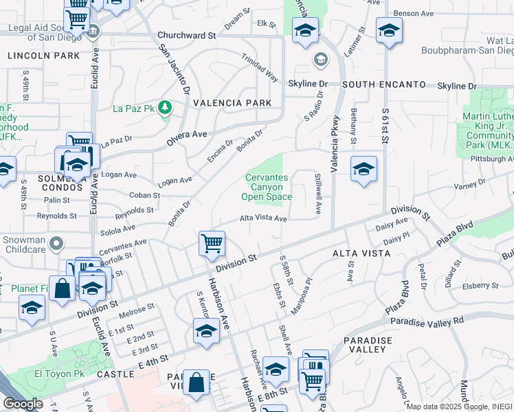 map of restaurants, bars, coffee shops, grocery stores, and more near 5762 Alta Vista Avenue in San Diego