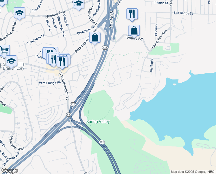 map of restaurants, bars, coffee shops, grocery stores, and more near 8729 Spring Canyon Drive in Spring Valley