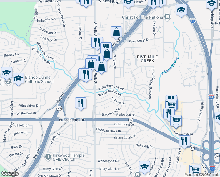 map of restaurants, bars, coffee shops, grocery stores, and more near 600 West Pentagon Parkway in Dallas