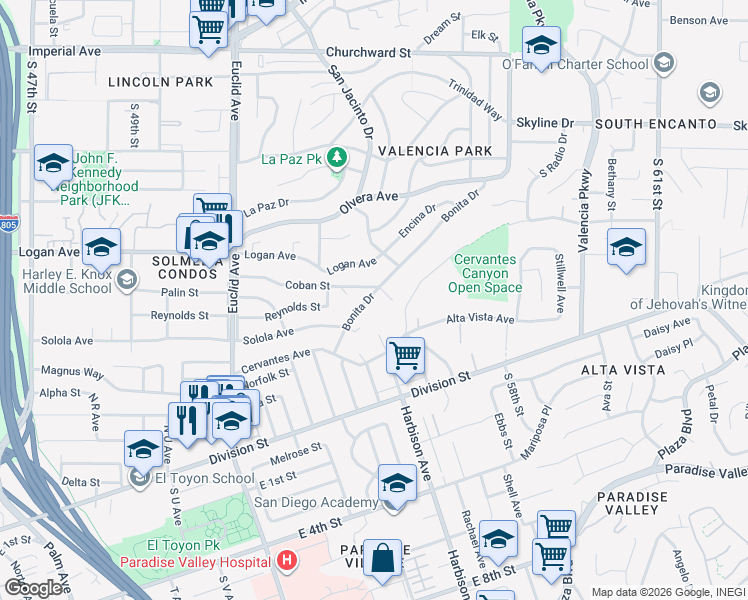 map of restaurants, bars, coffee shops, grocery stores, and more near 5351 Bonita Drive in San Diego