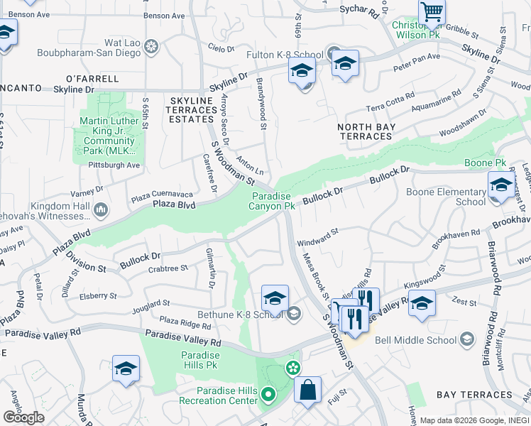 map of restaurants, bars, coffee shops, grocery stores, and more near 6866 Bullock Drive in San Diego