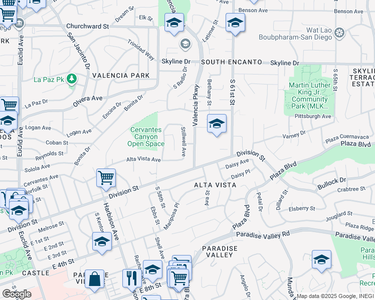 map of restaurants, bars, coffee shops, grocery stores, and more near 1095 Stillwell Avenue in San Diego