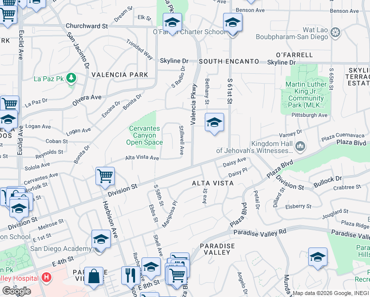 map of restaurants, bars, coffee shops, grocery stores, and more near 1030 Valencia Parkway in San Diego