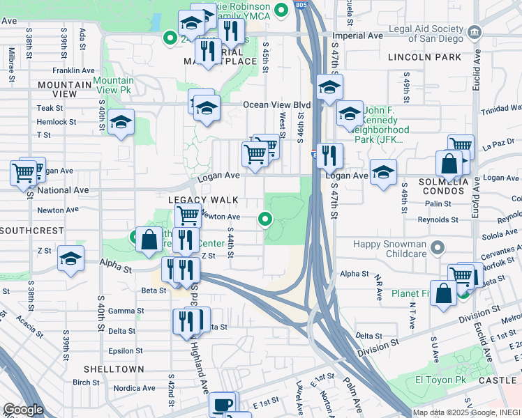 map of restaurants, bars, coffee shops, grocery stores, and more near 1018 South 45th Street in San Diego