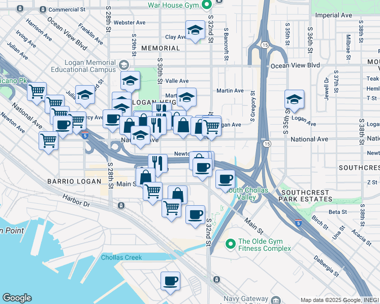 map of restaurants, bars, coffee shops, grocery stores, and more near 1020 South 31st Street in San Diego