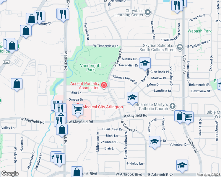 map of restaurants, bars, coffee shops, grocery stores, and more near 3005 South Center Street in Arlington