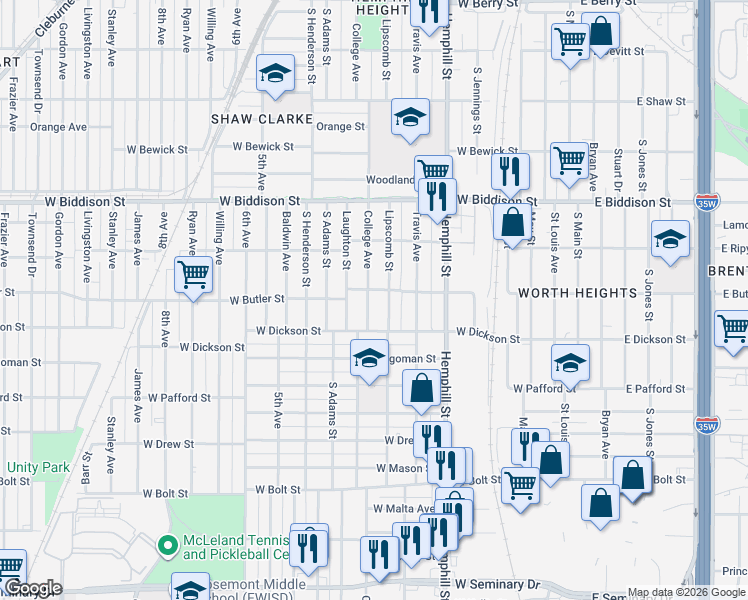 map of restaurants, bars, coffee shops, grocery stores, and more near 3701 College Avenue in Fort Worth