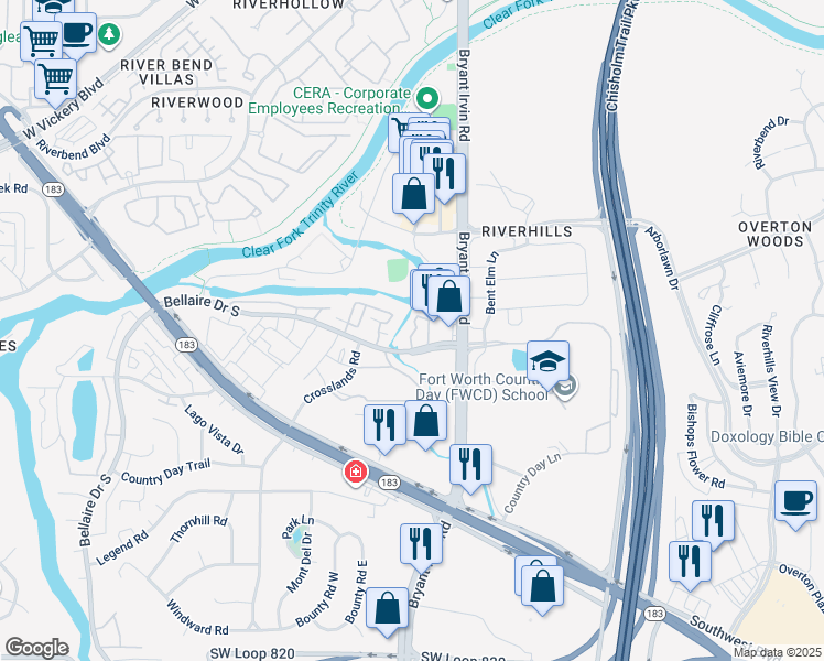 map of restaurants, bars, coffee shops, grocery stores, and more near 5512 Bellaire Drive South in Fort Worth