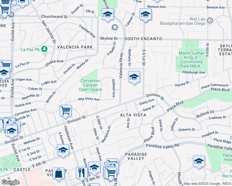 map of restaurants, bars, coffee shops, grocery stores, and more near 1095 Stillwell Avenue in San Diego