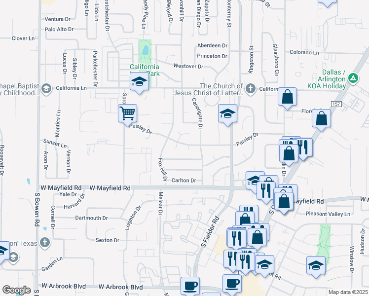 map of restaurants, bars, coffee shops, grocery stores, and more near 1711 Paisley Drive in Arlington