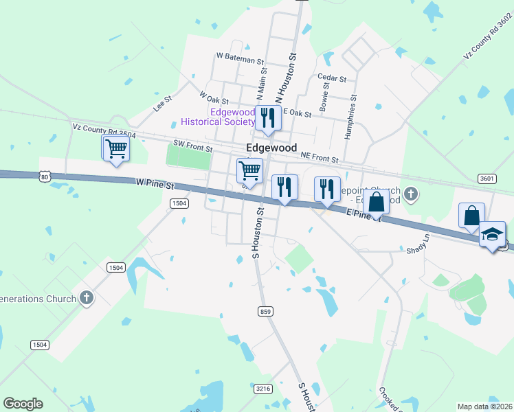 map of restaurants, bars, coffee shops, grocery stores, and more near 106 East Pine Street in Edgewood