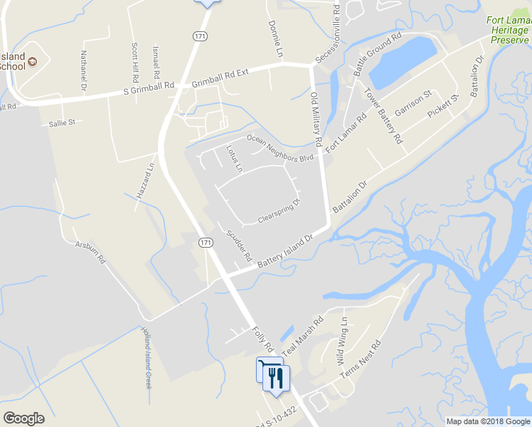 map of restaurants, bars, coffee shops, grocery stores, and more near 1030 Clearspring Drive in Charleston