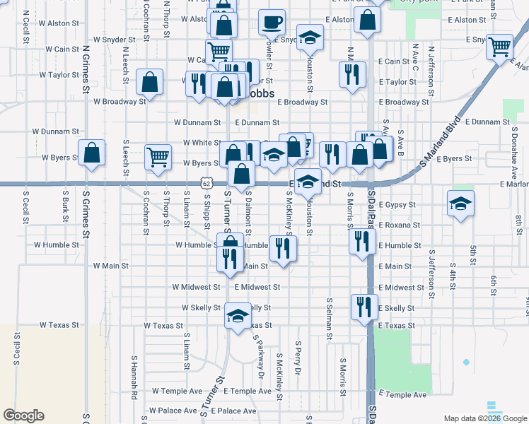 map of restaurants, bars, coffee shops, grocery stores, and more near 223 East Gypsy Street in Hobbs