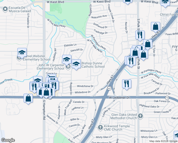 map of restaurants, bars, coffee shops, grocery stores, and more near 4021 Treeline Drive in Dallas