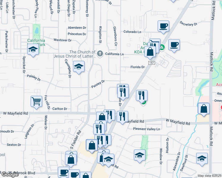 map of restaurants, bars, coffee shops, grocery stores, and more near 1311 Westador Drive North in Arlington