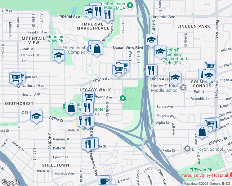 map of restaurants, bars, coffee shops, grocery stores, and more near 1012 South 45th Street in San Diego