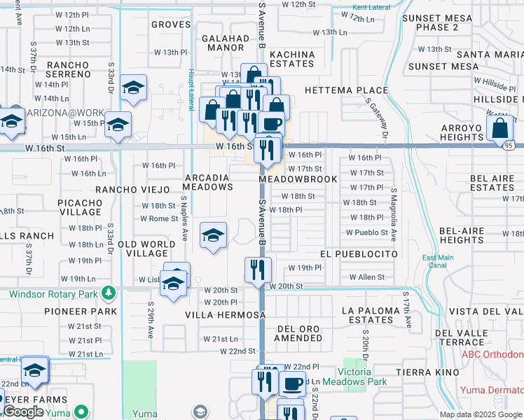 map of restaurants, bars, coffee shops, grocery stores, and more near 4783 West 18th Place in Yuma