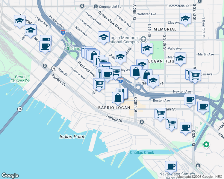 map of restaurants, bars, coffee shops, grocery stores, and more near 2669 National Avenue in San Diego