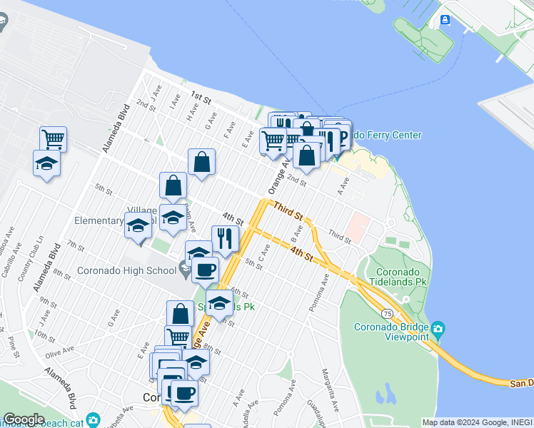 map of restaurants, bars, coffee shops, grocery stores, and more near 333 Orange Avenue in Coronado