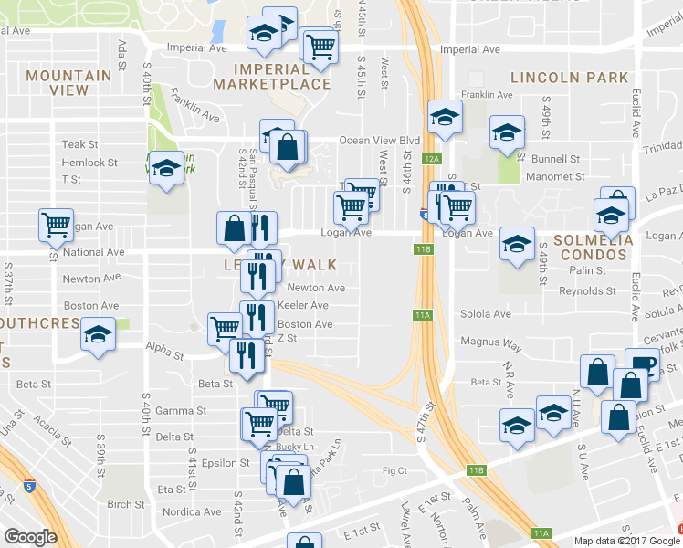 map of restaurants, bars, coffee shops, grocery stores, and more near 1012 South 45th Street in San Diego