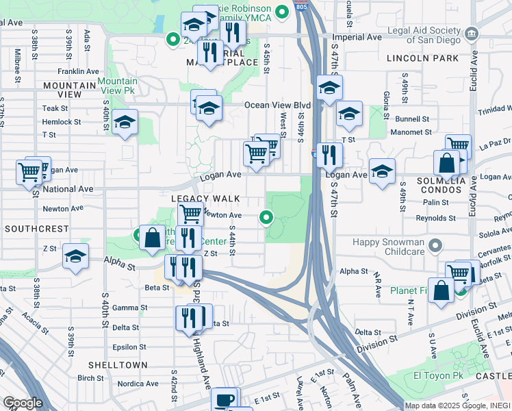 map of restaurants, bars, coffee shops, grocery stores, and more near 1018 South 45th Street in San Diego