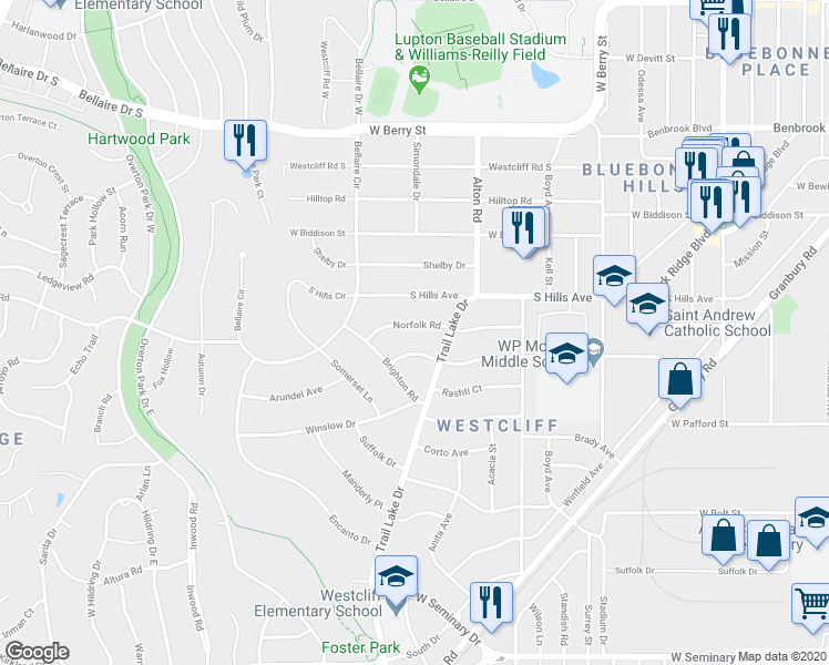 map of restaurants, bars, coffee shops, grocery stores, and more near 3617 Norfolk Road in Fort Worth