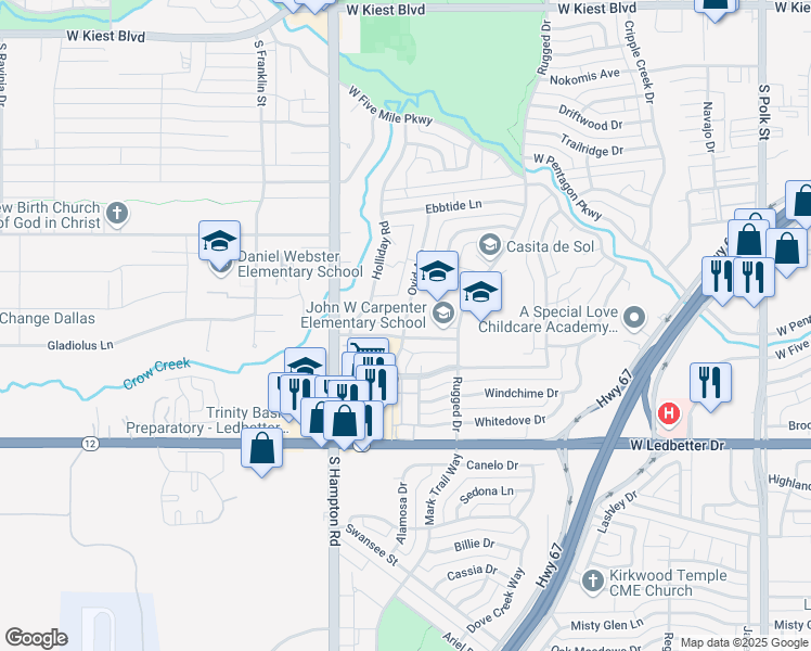 map of restaurants, bars, coffee shops, grocery stores, and more near Ovid Avenue in Dallas
