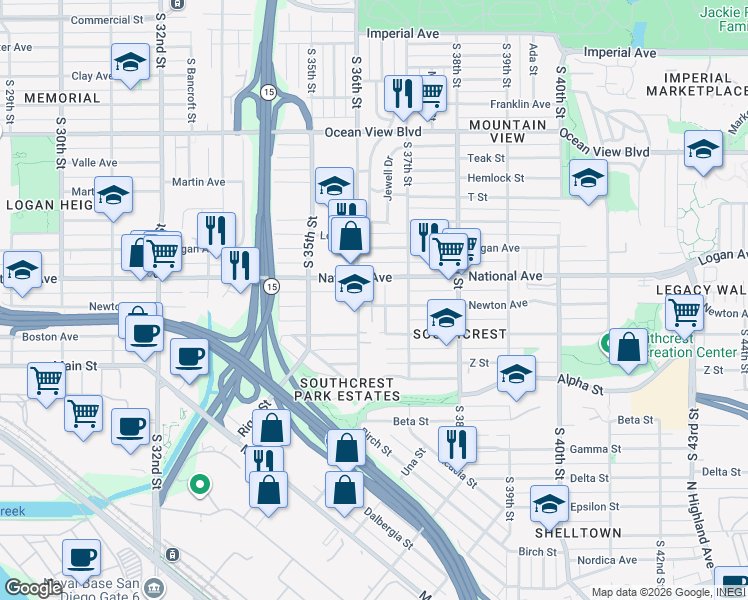 map of restaurants, bars, coffee shops, grocery stores, and more near 1021 Goodyear Street in San Diego