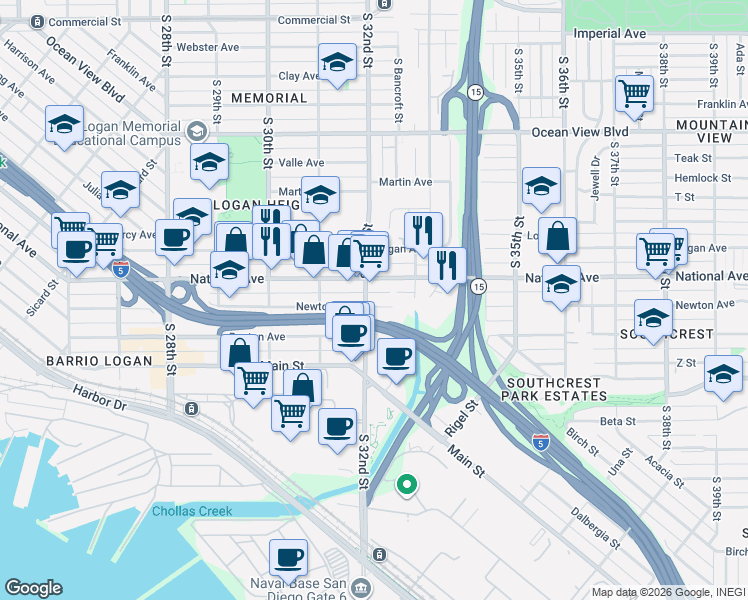 map of restaurants, bars, coffee shops, grocery stores, and more near 3231 National Avenue in San Diego