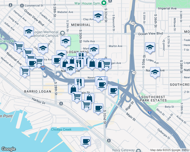 map of restaurants, bars, coffee shops, grocery stores, and more near 1020 South 31st Street in San Diego