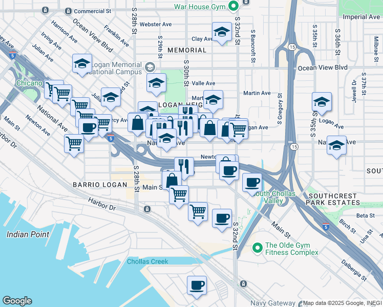 map of restaurants, bars, coffee shops, grocery stores, and more near in San Diego