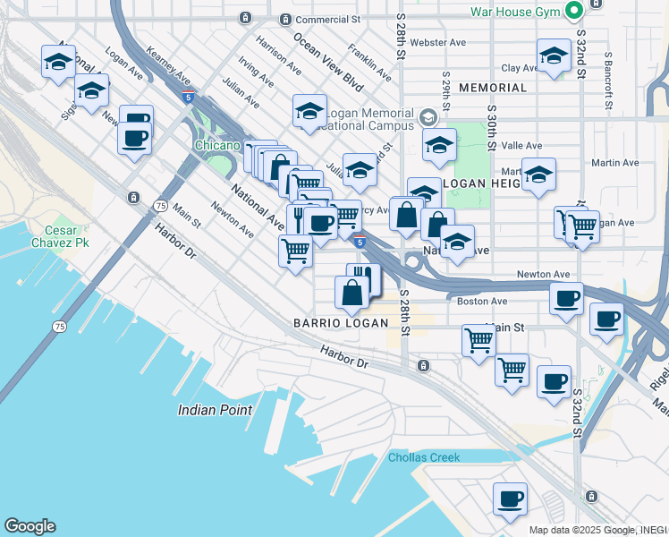 map of restaurants, bars, coffee shops, grocery stores, and more near 2669 National Avenue in San Diego