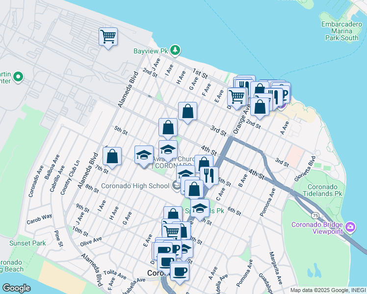 map of restaurants, bars, coffee shops, grocery stores, and more near 431 F Avenue in Coronado