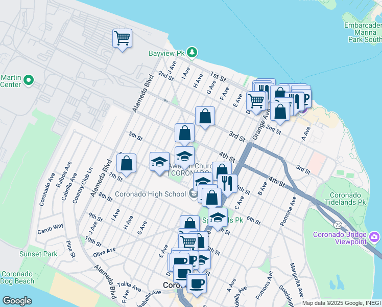 map of restaurants, bars, coffee shops, grocery stores, and more near 431 F Avenue in Coronado