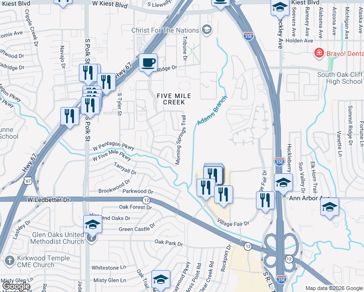 map of restaurants, bars, coffee shops, grocery stores, and more near 3922 Morning Springs Trail in Dallas