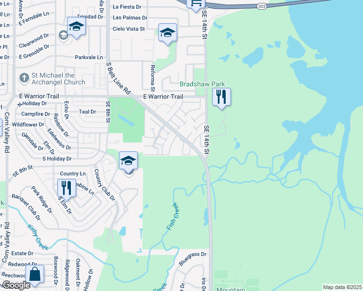 map of restaurants, bars, coffee shops, grocery stores, and more near 1 East Mountain Lane in Grand Prairie