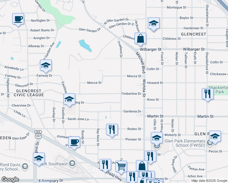 map of restaurants, bars, coffee shops, grocery stores, and more near 3049 Timberline Drive in Fort Worth