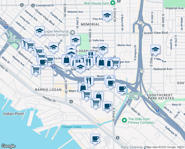 map of restaurants, bars, coffee shops, grocery stores, and more near in San Diego