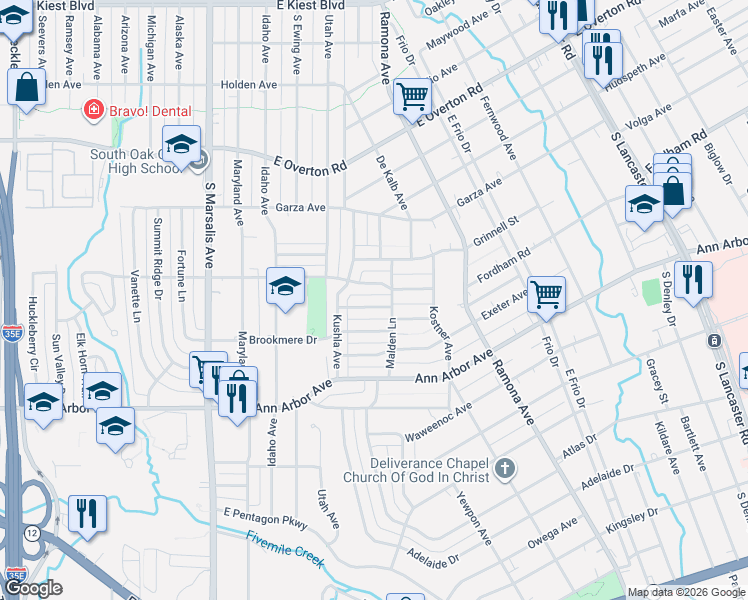 map of restaurants, bars, coffee shops, grocery stores, and more near 1240 Fordham Road in Dallas