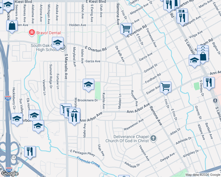 map of restaurants, bars, coffee shops, grocery stores, and more near 1204 Fordham Road in Dallas
