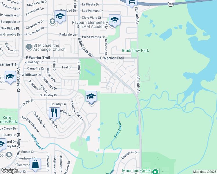map of restaurants, bars, coffee shops, grocery stores, and more near 58 West Mountain Creek Drive in Grand Prairie