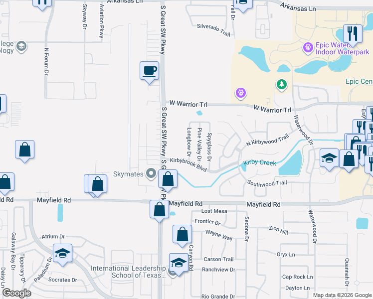 map of restaurants, bars, coffee shops, grocery stores, and more near 3149 Longbow Drive in Grand Prairie
