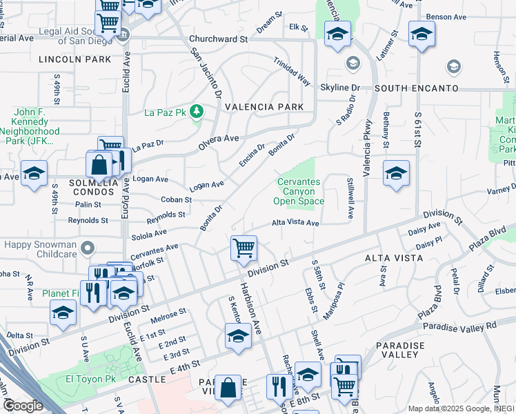 map of restaurants, bars, coffee shops, grocery stores, and more near 5651 Cervantes Avenue in San Diego