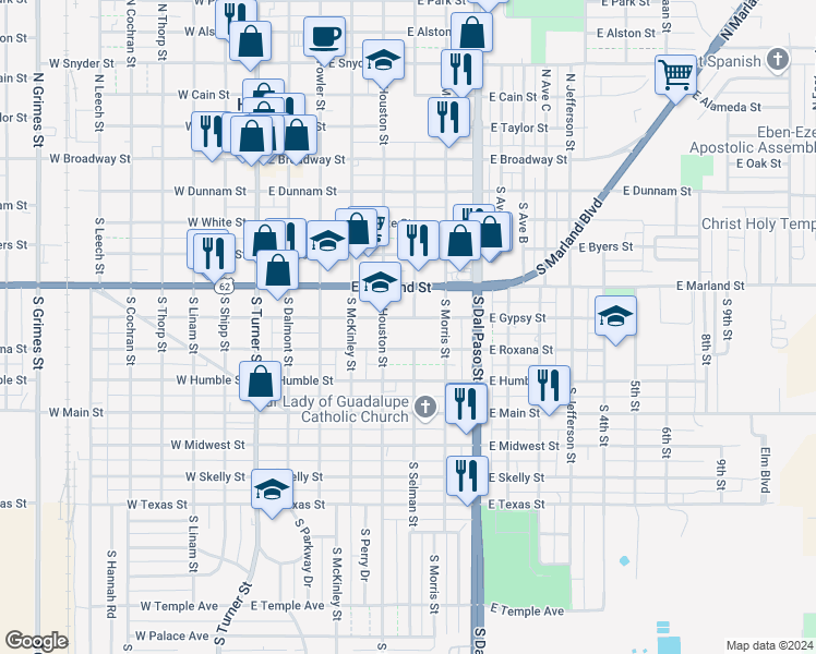map of restaurants, bars, coffee shops, grocery stores, and more near 501 East Gypsy Street in Hobbs