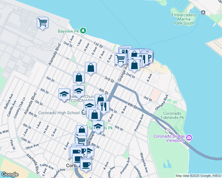 map of restaurants, bars, coffee shops, grocery stores, and more near 344 Orange Avenue in Coronado